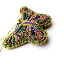 Load image into Gallery viewer, Hand embroidered velvet butterfly Christmas tree ornament in purple, green, gold.
