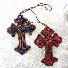Load image into Gallery viewer, Hand embroidered cross hanging ornament.