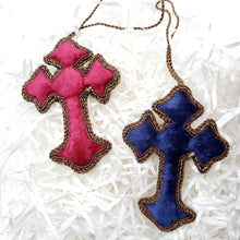 Load image into Gallery viewer, Hand embroidered pink or blue velvet cross, back view. 
