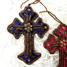 Load image into Gallery viewer, Goldwork blue or pink embroidered hanging cross Christmas ornament.
