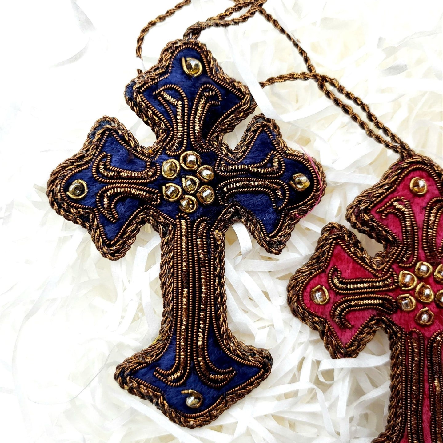 Goldwork blue or pink embroidered hanging cross Christmas ornament.