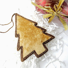 Load image into Gallery viewer, Hand embroidered gold and green velvet Christmas tree hanging ornament, back view.