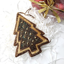 Load image into Gallery viewer, Embroidered Christmas Tree Holiday ornament with Old World charm, green gold zardozi ornament.