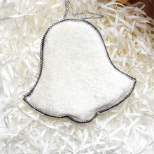 Load image into Gallery viewer, Embroidered white velvet and silver bell hanging holiday ornament, back view.