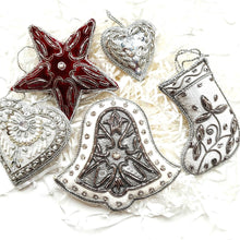 Load image into Gallery viewer, Set of five silver, white and burgundy hand embroidered beaded hanging Christmas ornaments.
