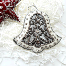 Load image into Gallery viewer, Hand embroidered silver and white velvet bell hanging holiday ornament. 
