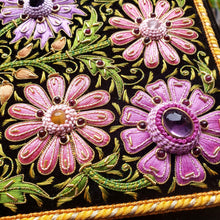 Load image into Gallery viewer, Hand embroidered bridal keepsake box inlaid with semi precious stones, close up view.