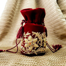 Load image into Gallery viewer, Red velvet mini potli bag embroidered with gold flowers, zardozi potli bag.