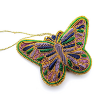 Load image into Gallery viewer, Embroidered Mardi Gras Butterfly ornament, Christmas tree ornament, zardozi.
