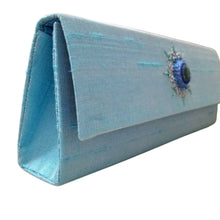 Load image into Gallery viewer, Luxury turquoise silk slim bridal clutch bag, side view.