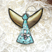 Load image into Gallery viewer, Hand embroidered blue velvet and gold angel Christmas hanging ornament. 
