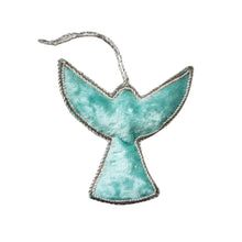 Load image into Gallery viewer, Handmade angel Christmas hanging ornament, back view, blue velvet.