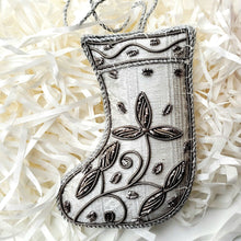 Load image into Gallery viewer, Hand embroidered silver Christmas tree or wreath stocking hanging ornament.