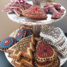 Load image into Gallery viewer, Tray of hand made hand embroidered beaded vintage inspired velvet Christmas tree hanging ornaments.