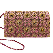 Load image into Gallery viewer, Luxury mauve pink shimmery velvet evening clutch bag embroidered with geometric pattern of antique gold eight sided star and flowers and embellished with tiger eye and garnet gemstones, formal purse, mauve pink and gold zardozi purse.