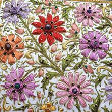 Load image into Gallery viewer, Hand embroidered white jewelry storage box embroidered with multicolor flowers and inlaid with semi precious gemstones.