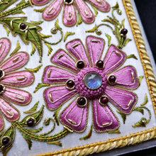 Load image into Gallery viewer, Beautiful hand embroidered statement large bridal keepsake box, close up view of pink flower.