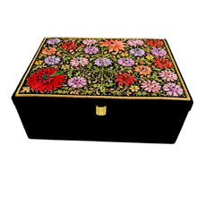 Load image into Gallery viewer, Large hand embroidered black box embroidered with colorful flowers.