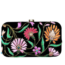 Load image into Gallery viewer, Luxury black velvet evening clutch bag embroidered with colorful flowers and inlaid with semi precious stones, zardozi purse. 
