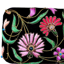 Load image into Gallery viewer, Designer black velvet box clutch embroidered with colorful flowers, close up view. 
