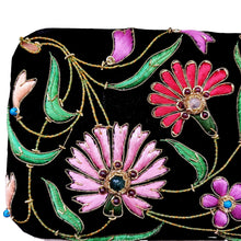 Load image into Gallery viewer, Designer black velvet box clutch embroidered with colorful flowers, close up view.