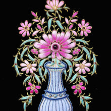 Load image into Gallery viewer, Pink flowers in flower vase embroidered on black velvet tapestry.