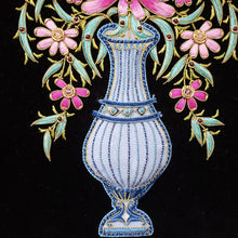 Load image into Gallery viewer, Silk art flowers in blue vase, close up view. 
