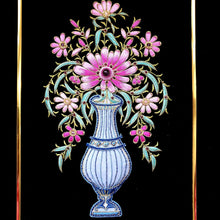 Load image into Gallery viewer, Hand embroidered pink silk flowers in blue flower vase, with amethyst cabochon.