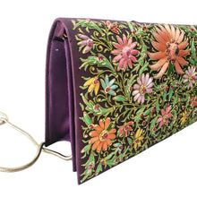 Load image into Gallery viewer, Luxury purple silk handbag embroidered with multicolor flowers, side view.