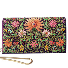 Load image into Gallery viewer, Hand embroidered purple silk handbag with multicolor silk flowers and orange lotus..