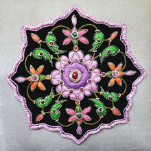 Load image into Gallery viewer, Luxury hand embroidered grey velvet keepsake box embroidered with pink and purple silk flowers.