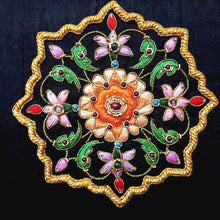 Load image into Gallery viewer, Embroidered orange flowers on black silk decorative silk box, with ruby, emerald and amethyst gemstones, close up view.
