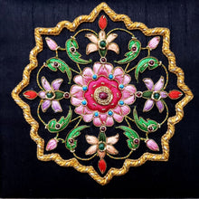 Load image into Gallery viewer, Hand embroidered black silk keepsake box with central floral medallion, inlaid with ruby and emeralds, zardozi box.
