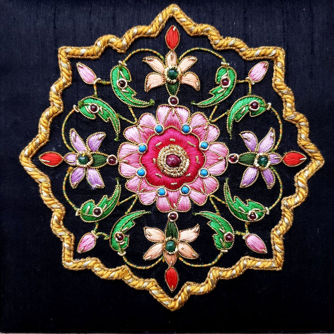 Hand embroidered black silk keepsake box with central floral medallion, inlaid with ruby and emeralds, zardozi box.