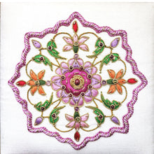 Load image into Gallery viewer, Luxury white silk bridal keepsake box embroidered with purple and pink flowers.