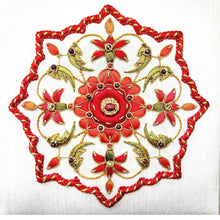 Load image into Gallery viewer, Luxury white silk bridal keepsake box with embroidered red medallion and inlaid with ruby.