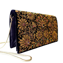 Load image into Gallery viewer, Embroidered black and copper velvet evening bag with star rubies, side view, BoutiqueByMariam.