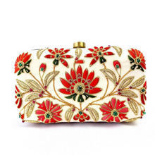 Load image into Gallery viewer, Ivory velvet evening clutch bag embroidered with red silk lotus flower and embellished with emeralds, zardozi clutch.