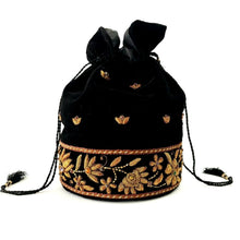 Load image into Gallery viewer, Luxury black velvet bucket bag embroidered with copper colored flowers, zardozi handbag.