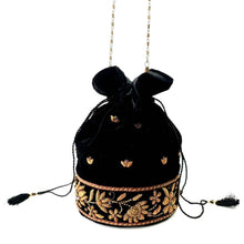 Load image into Gallery viewer, Hand embroidered black velvet and copper zardozi potli bag. 
