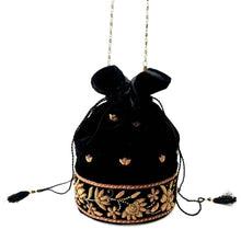 Load image into Gallery viewer, Hand embroidered black velvet and copper zardozi potli bag.