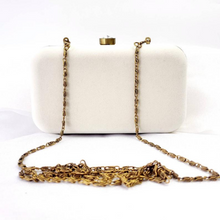 Load image into Gallery viewer, Ivory velvet box clutch minaudiere embroidered with red silk flowers and embellished with emeralds, rear view, chain strap.