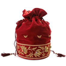 Load image into Gallery viewer, Red velvet Indian wedding bridal zardozi potli bag.