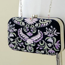 Load image into Gallery viewer, Luxury evening bag in navy velvet with lavender purple flowers and inlaid with semi precious stones, jewel purse. 
