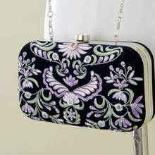 Load image into Gallery viewer, Luxury evening bag in navy velvet with lavender purple flowers and inlaid with semi precious stones, jewel purse.