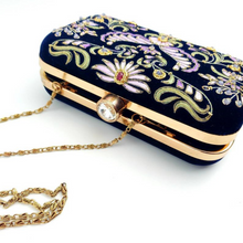 Load image into Gallery viewer, Designer luxury navy blue clutch bag with purple flowers, gold tone hardware. 
