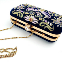 Load image into Gallery viewer, Designer luxury navy blue clutch bag with purple flowers, gold tone hardware.