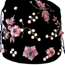 Load image into Gallery viewer, Navy blue and pink Indian potli bag hand embroidered with metallic flowers and inlaid with semi precious gemstones, zardozi , close up view. 
