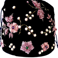 Load image into Gallery viewer, Navy blue and pink Indian potli bag hand embroidered with metallic flowers and inlaid with semi precious gemstones, zardozi , close up view.