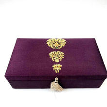 Load image into Gallery viewer, Pen storage box purple embroidered with gold design.
